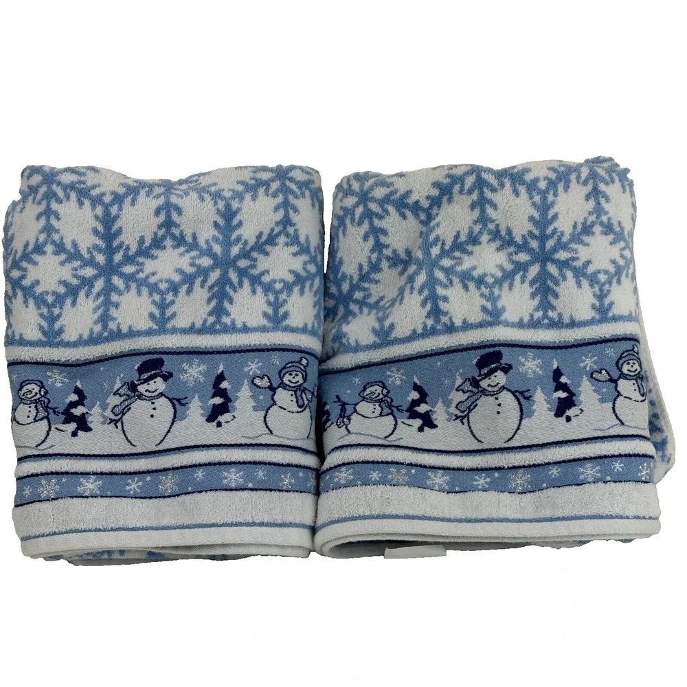 Vintage Bath Towel Cecil Sayday Set of 2 Snowman Snowflakes Blue white